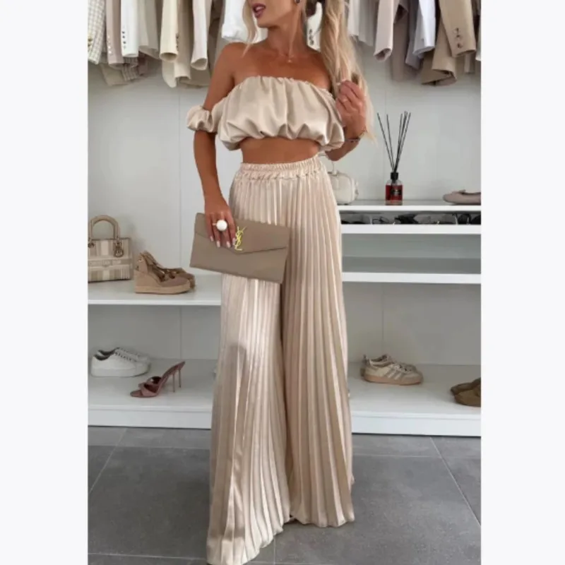 2025 الصيف المرأة مثير 2 قطعة مجموعة خارج الكتف أكمام المعتوه صديرية دائرية + بنطال ذو قصة أرجل واسعة مجموعة موضة حفلة بناطيل كاجوال الزي