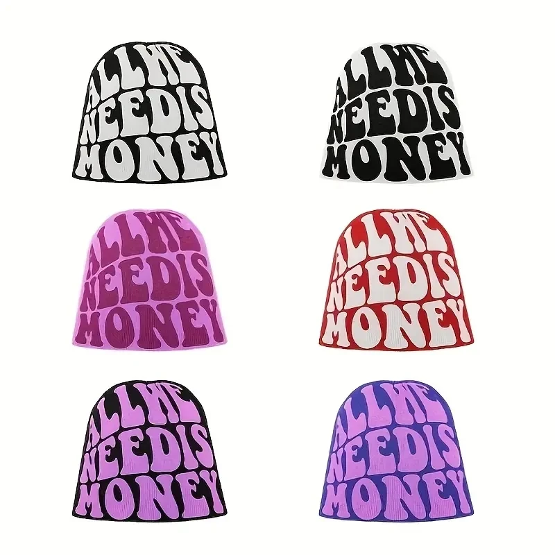 

ALL WE NEED IS MONEY Beanie Letter Jacquard Hip Hop Knit Hat Unisex Y2K Skull Cap Warm Elastic Beanies Cap For Women & Men