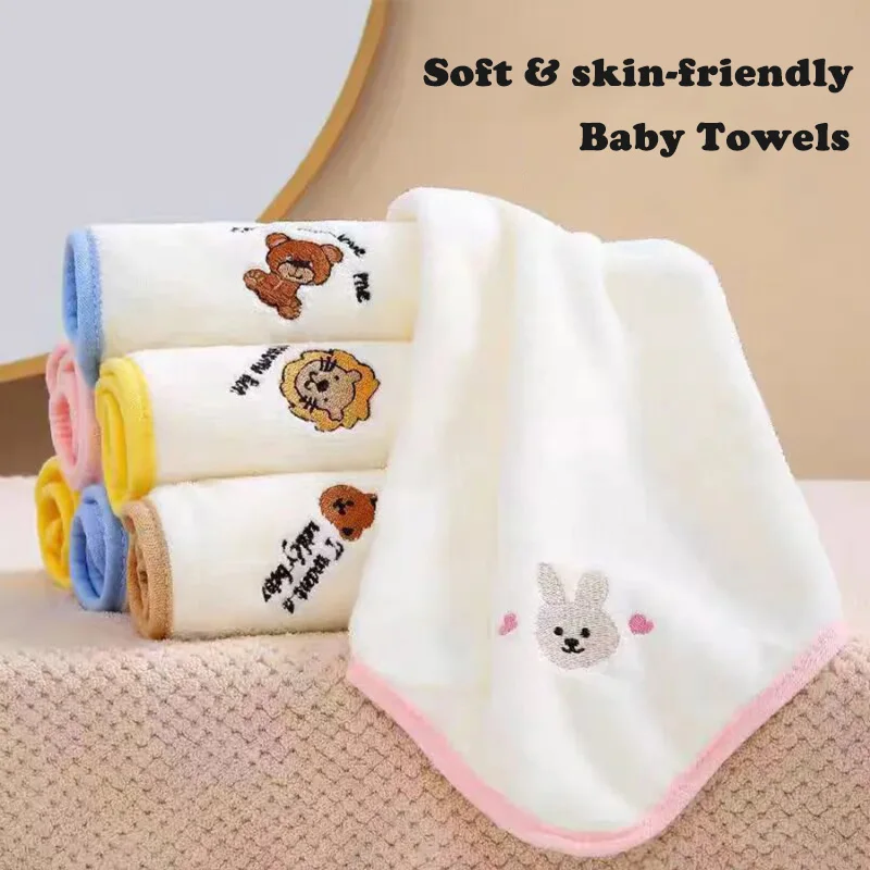 Five-pack hanging hand towels for children, cute embroidered face wash towels, soft, thick, absorbent, and non-shedding for home