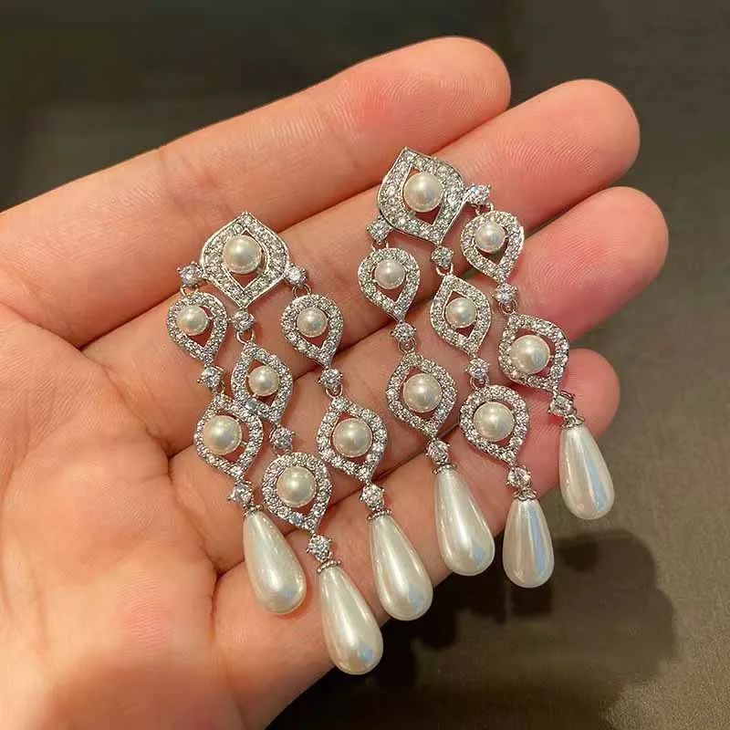 Retro water droplet pearl tassel earrings for women hollow out bridal dress diamonds Long earring wedding exaggerated jewelry