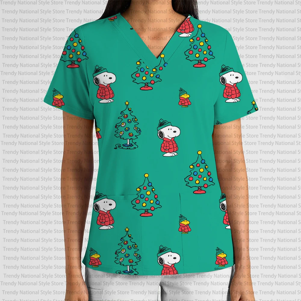 New Women's Elegant Casual Nurse T-Shirt with Cartoon Anime V-Neck Print Scrub Top, suitable for pet shops and grooming salons.