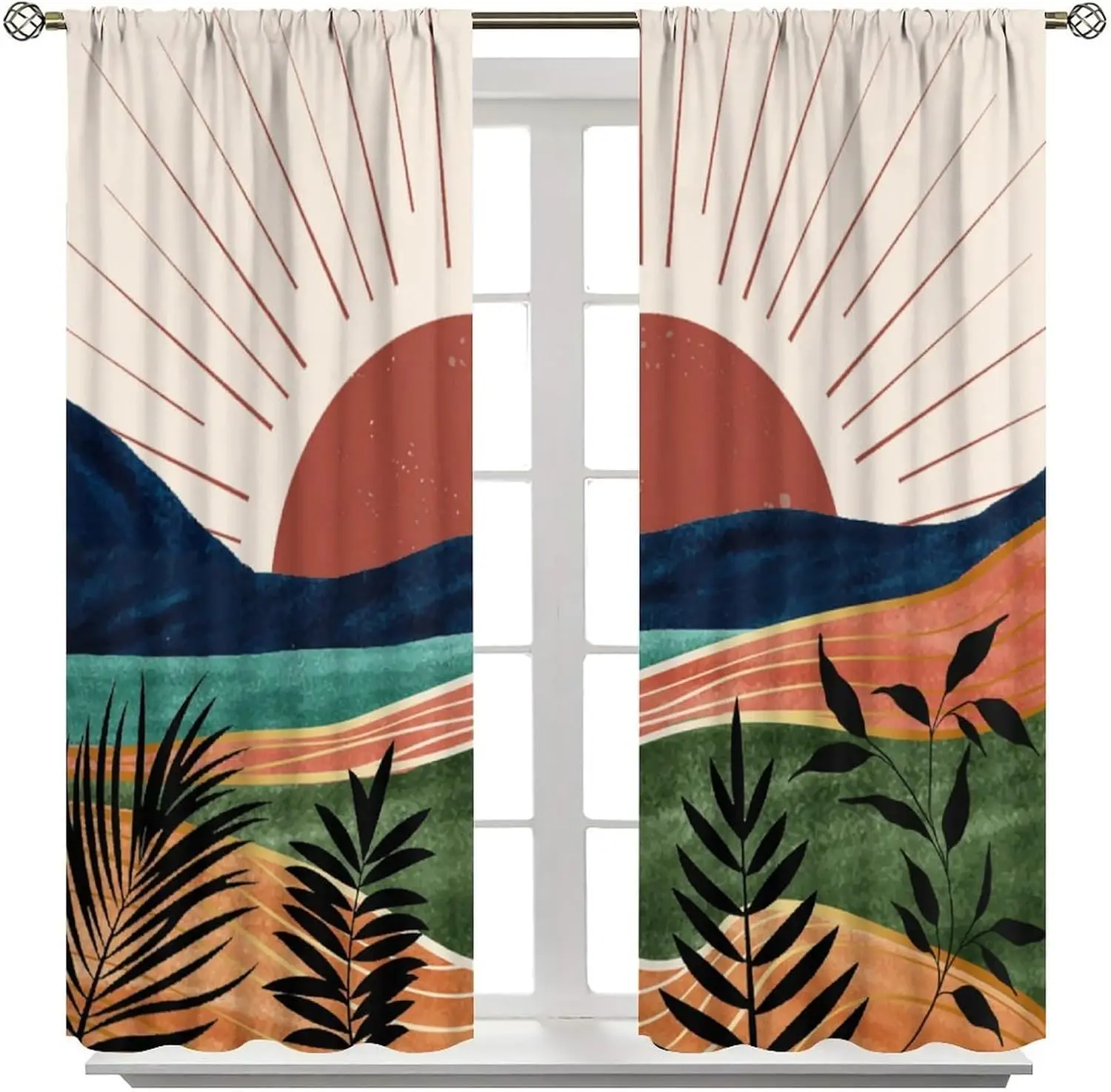 Boho Kitchen Curtains Mid Century Modern Aesthetic Mountains Sunset Nature Tropical Palm Leaves Forest Art Windows Treatments