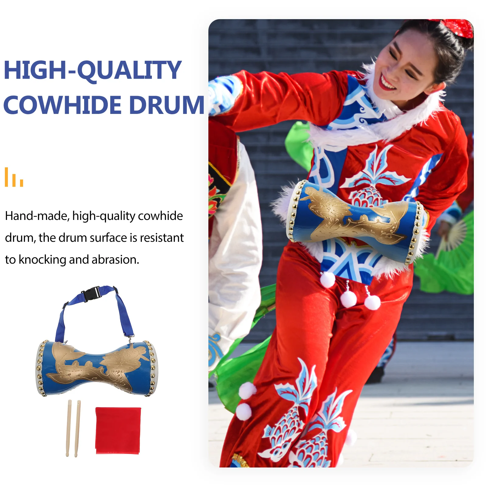 Cowhide Drum Percussion Instrument Traditional Waist Performance Durable Hand Chinese Portable Musical Instruments