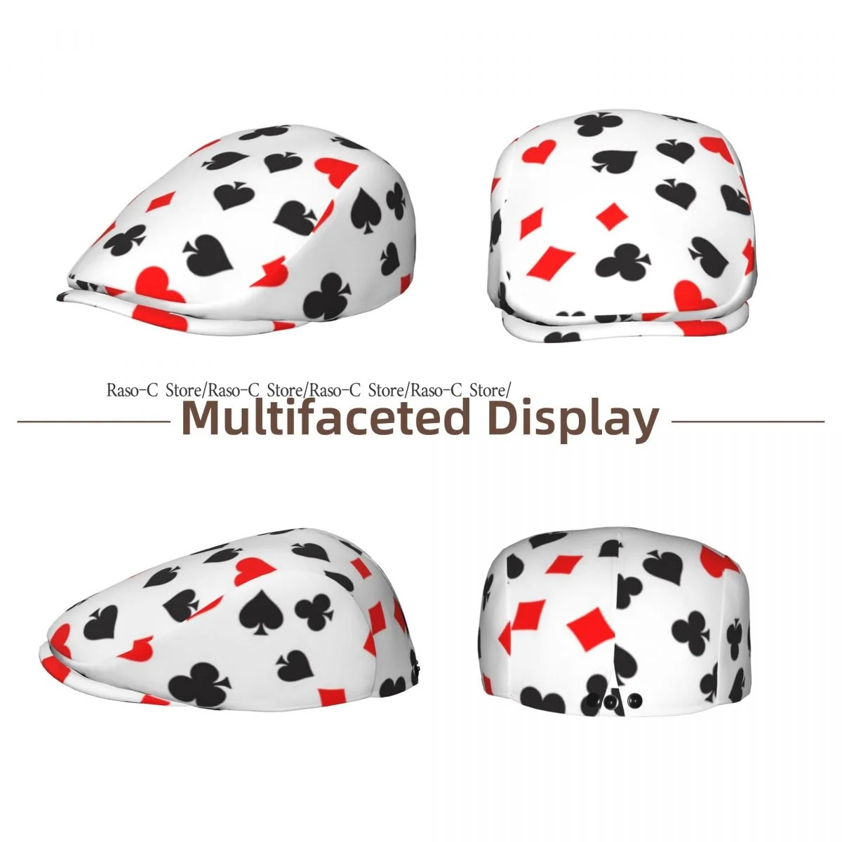 Unisex Adult Forward Peaked Cap Poker Card Suit Pattern Newsboy Flat Cap Casual Streetwear Ivy Driving Hat