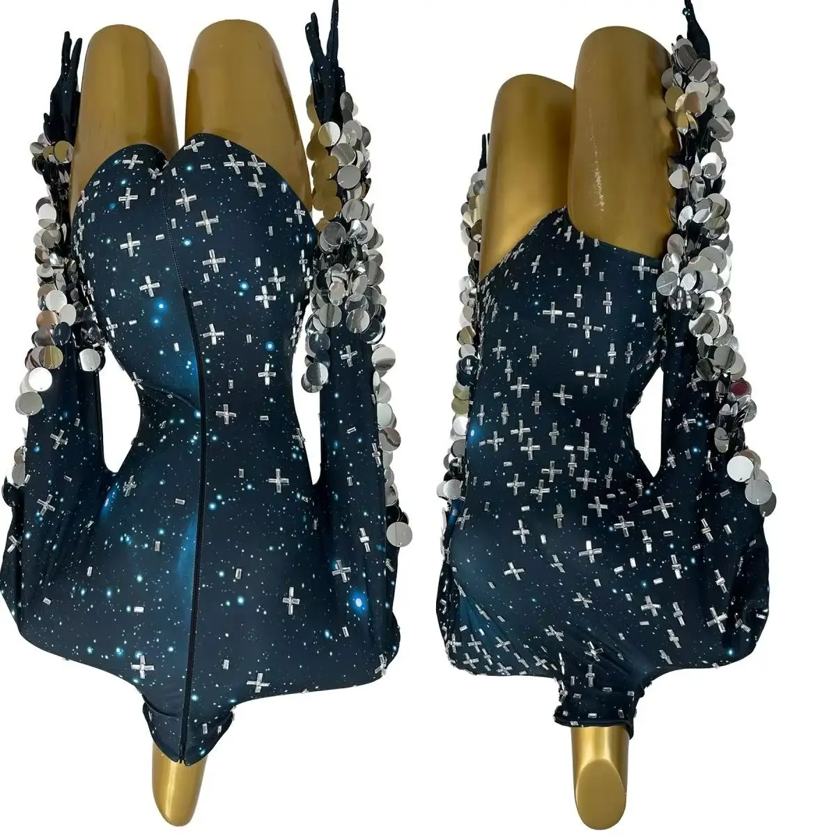 Spandex Elastic Sparkly Rhinestone Sequins Long Sleeves Bodysuit Nightclub Costume Party Outfit Drag Queen Performer Wear Yuzhou
