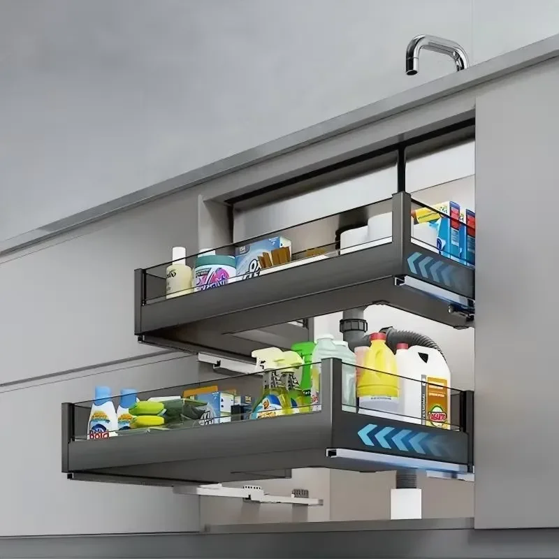 Pull Out Under Sink Organizer Basket Kitchen Cabinet Storage Rack Sliding Drawer for Cleaning Supplies Plumbing Pipe Space