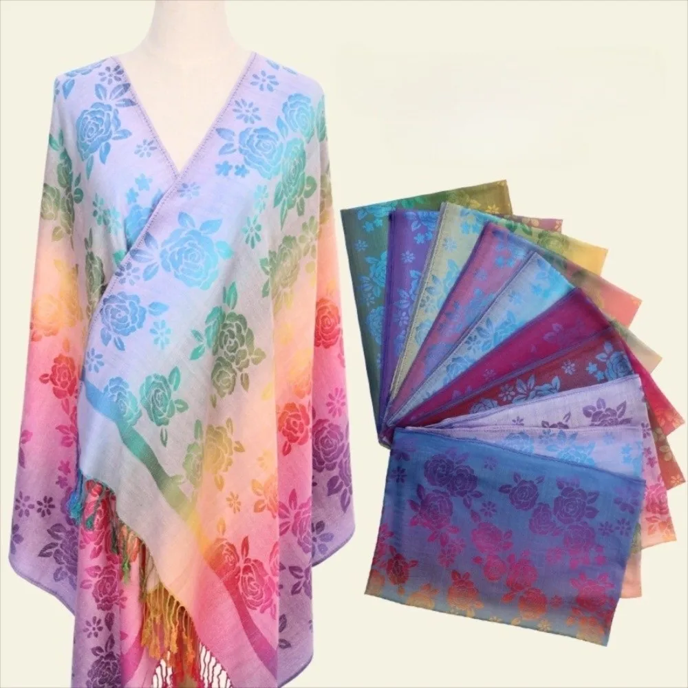 

Elegant Retro Ladies' Shawl Ethnic Style Colorful Gradient Scarf Soft Rose Print Long Fringed Scarf for Women