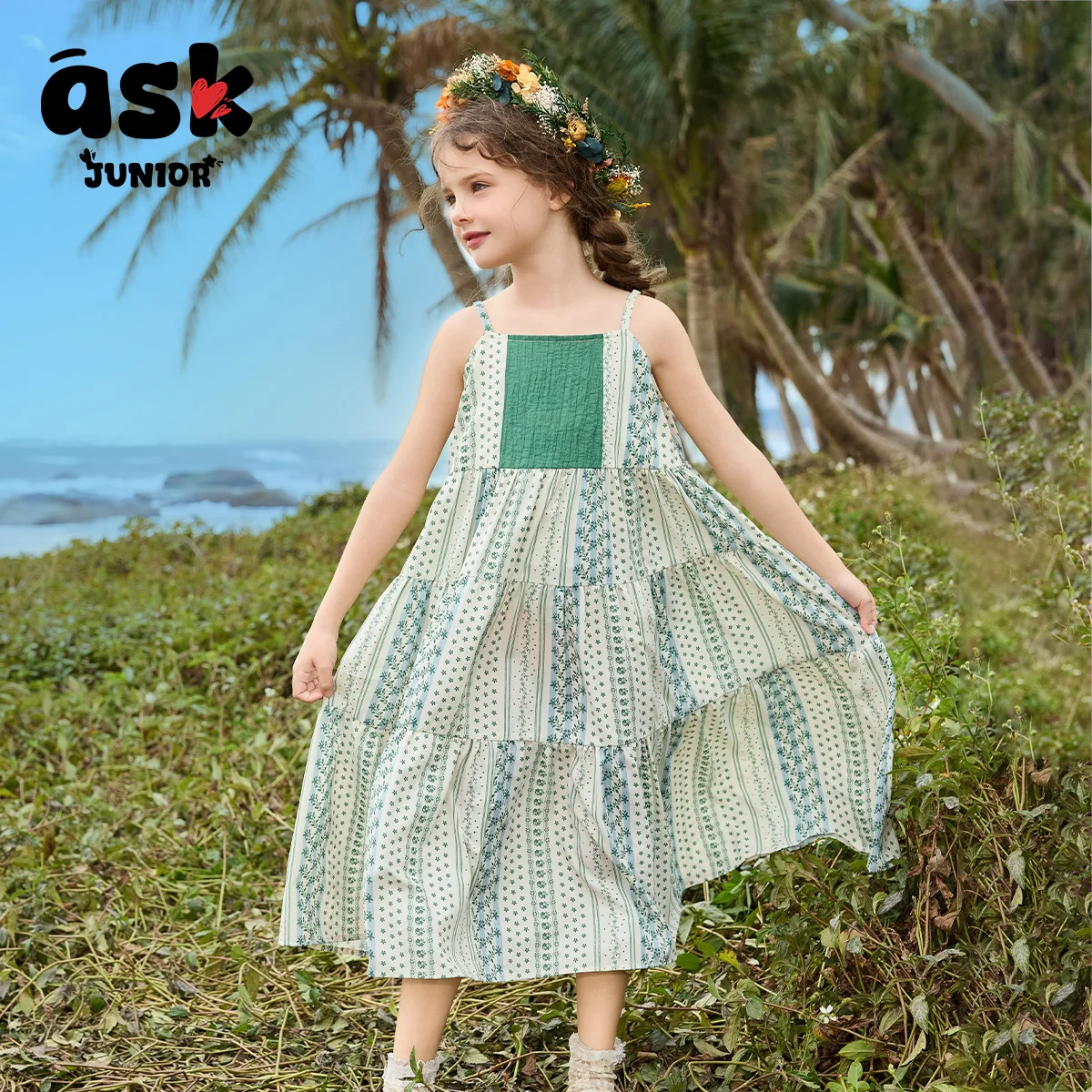 فستان بحمالات صيفي للفتيات الصغيرات الصغار بطباعة شبكية بألوان متباينة #5