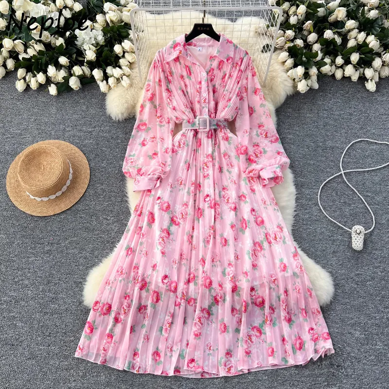 Neploe 2024 Autumn New Slim Waist Dress for Women Elegant Vintage Lapel Neck Print Dresses Y2k Lantern Sleeve Vestidos Mujer