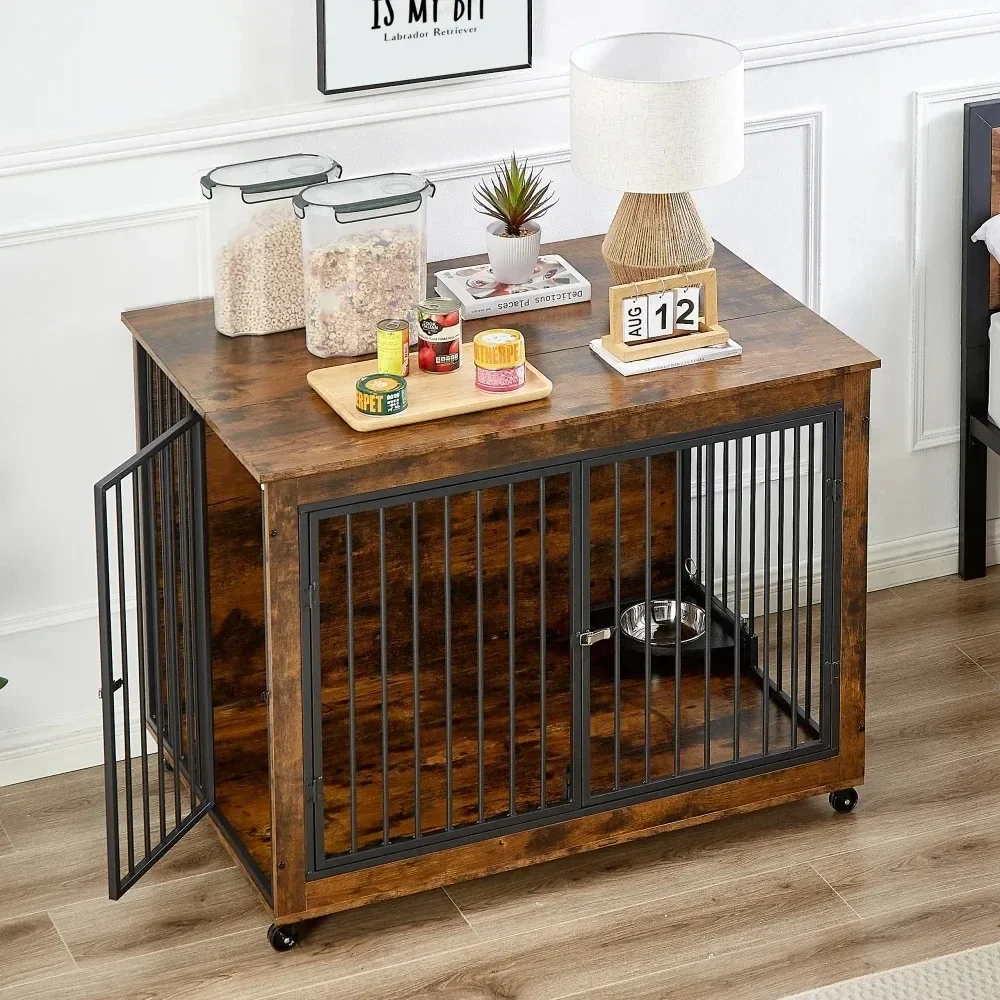 Furniture-Style Dog Crate Side Table with Rotatable Bowl, Wheels, 3 Doors, Flip-Up Top. Rustic Brown, 43.7