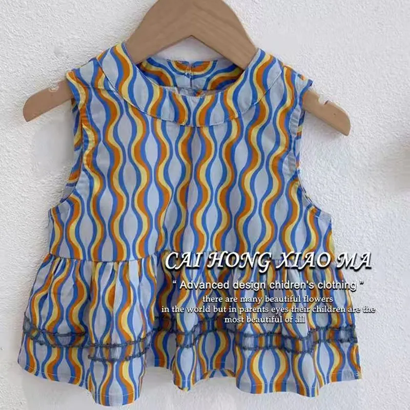 

Girls Clothes Korean Version Girl Children's Wave Pattern Sleeveless Vest Top Little Girl Casual Trousers 2 Pieces Suit Summer