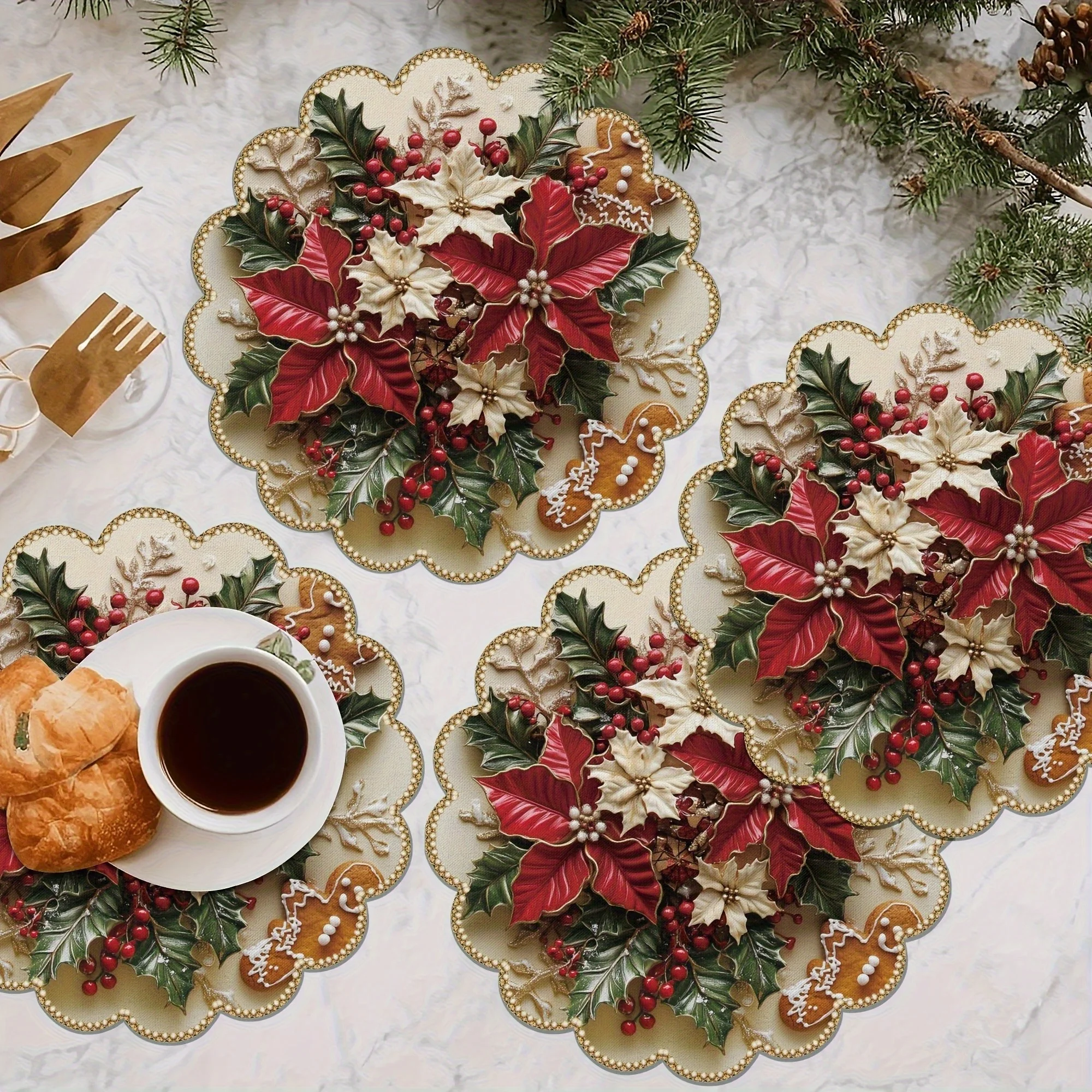 VIKAMA 4PC Christmas Mat with Red and White Colors Holly Leaves Berries Gingerbread Man Table Restaurant