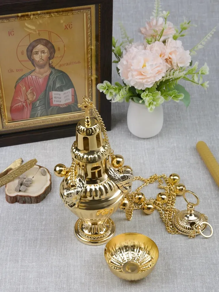HTISOK Orthodoxes Räuchergefäß mit Kette und Glocken aus Zinklegierung, vergoldet, für Kirchenaltarzeremonien, mit traditionellem Design. – Detail 6