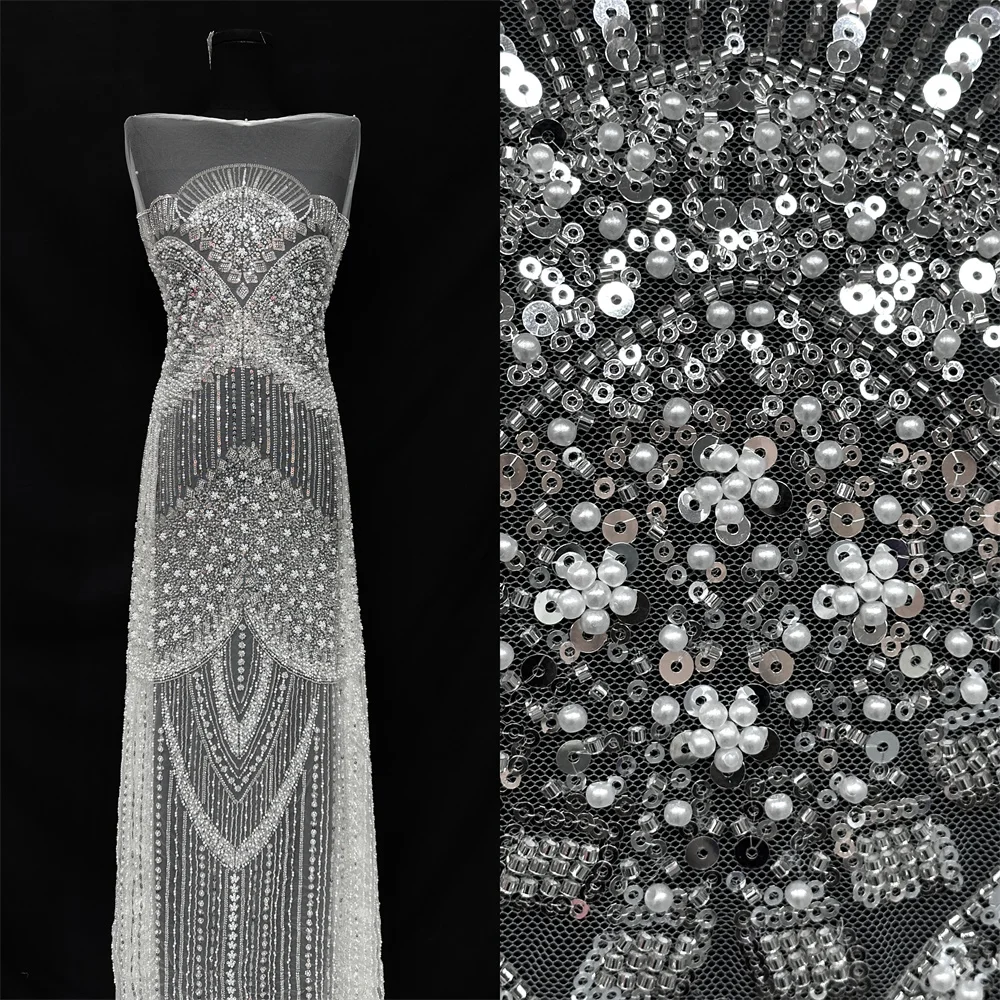 

White 2025 High Quality African Nigerian Tulle Beaded Lace Fabric Embroidery Party Dress Sequins French Mesh Fabric For Sewing