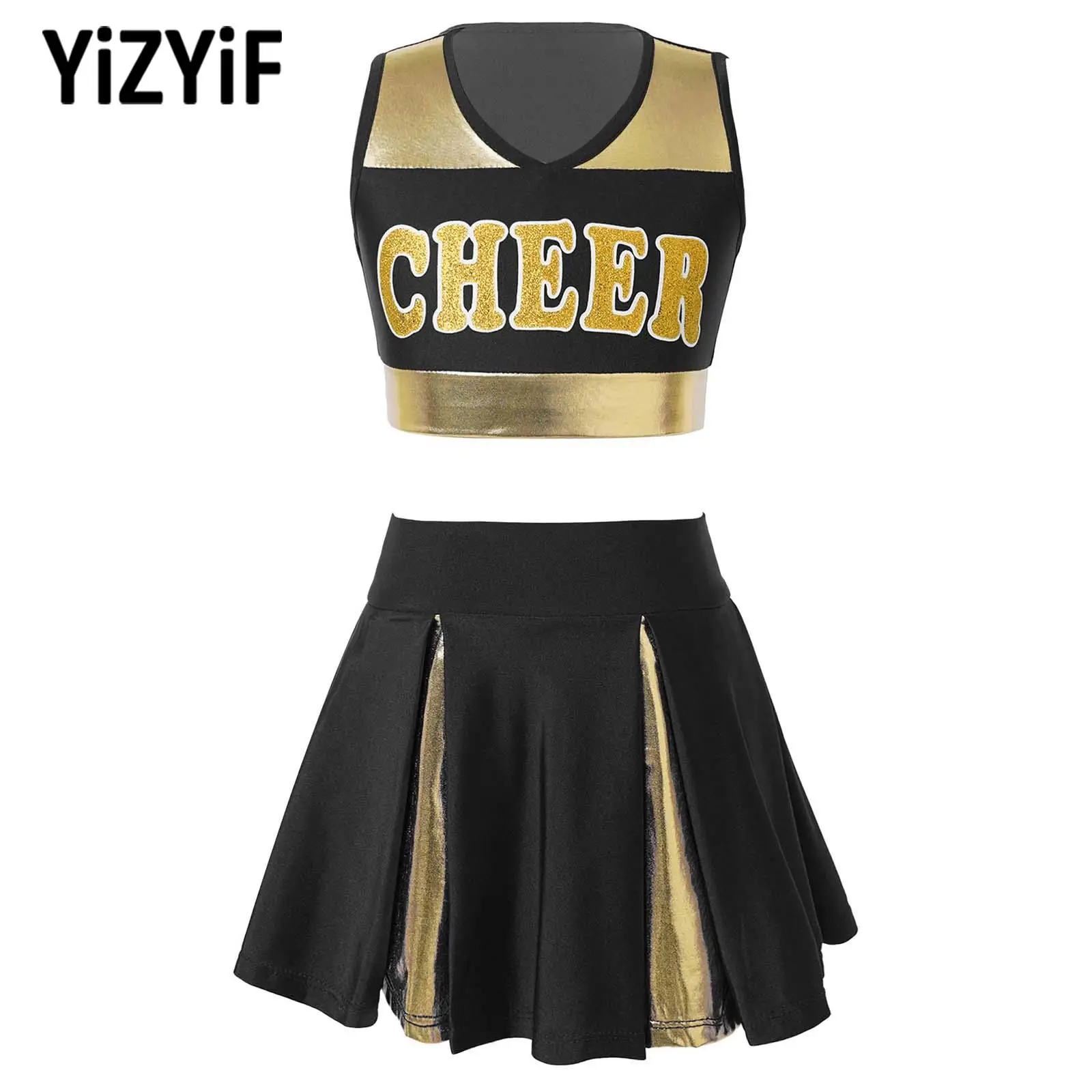 

Girls Cheerleading Uniforms Team Dance Clothes Set Sleeveless V Neckline Letter Print Crop Top with Elastic Waistband Skirt