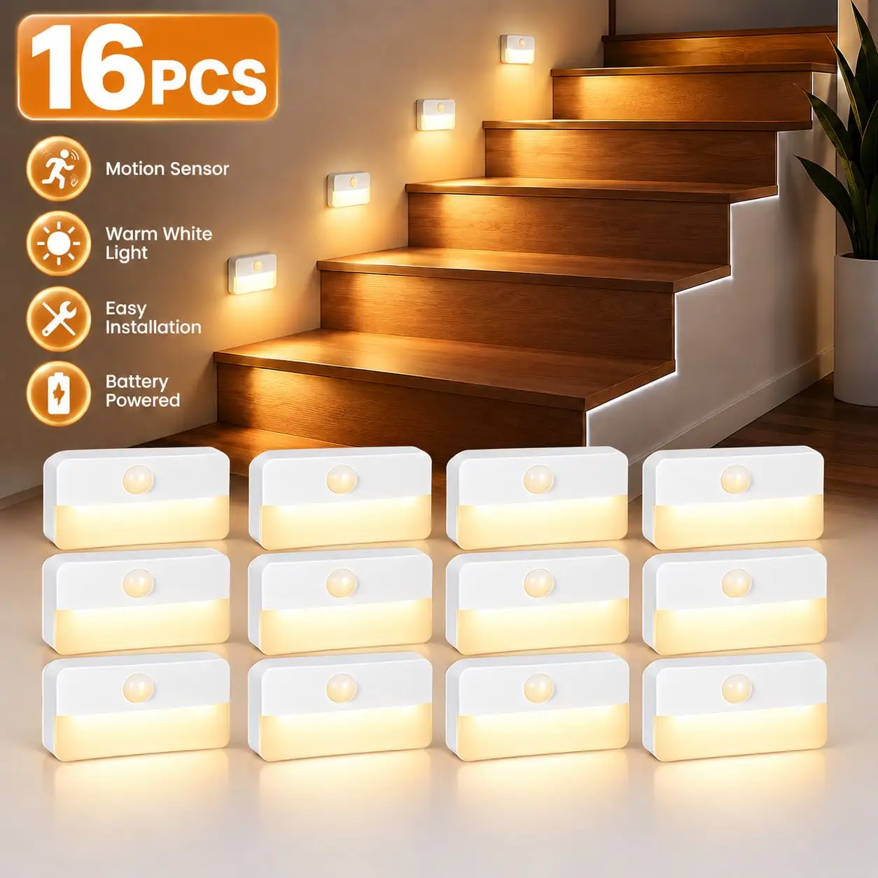 16/8 Pack Motion Sensor Stair Light For Indoor, Battery Operated Closet Lights, Wireless Stick On Anywhere Hallway Lamp, 40 Lumen 3000K Portable Led Night Lamps For Bedroom Under Cabinet Kitchen