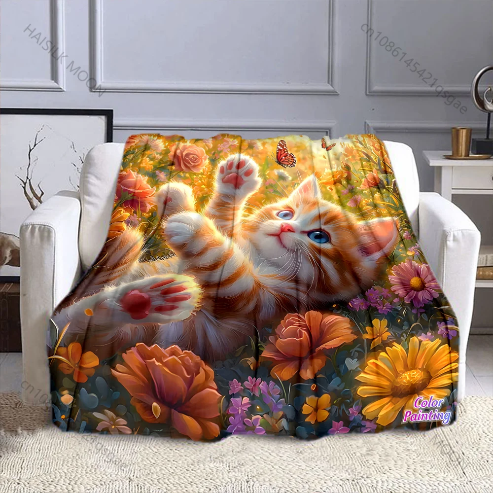 Multi-size Kitten with Colorful Flowers Pattern Blanket Flannel Material Soft Warm for All Seasons Home Outdoor Camping Picnics
