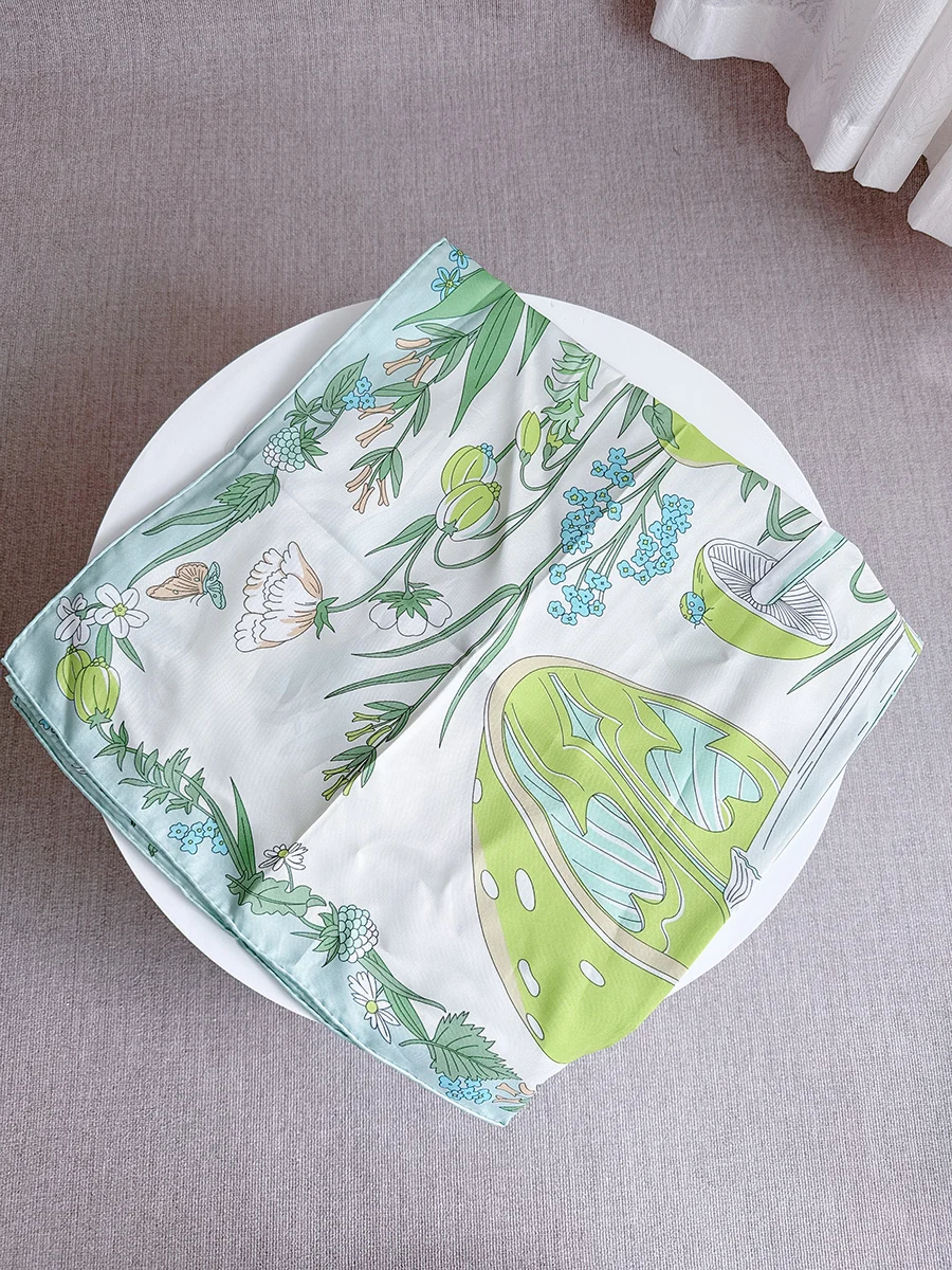 Syal Wanita Baru Kualitas Tinggi Hijau Bunga Foulard Mewah Gulung Tangan Syal Persegi Bunga 90Cm 90x90cm