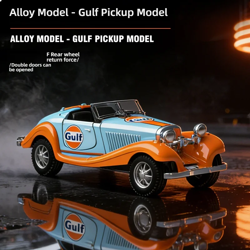 

1:36 Gulf Vintage Convertible Pickup Alloy Car Model, Diecast Retro Classic Car with Openable Doors & Pull Back, Collectible Gif