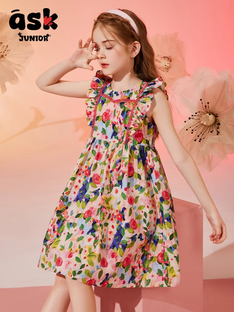 فستان Tween Girls صيفي عصري بدون أكمام على شكل زهرة كبيرة #3