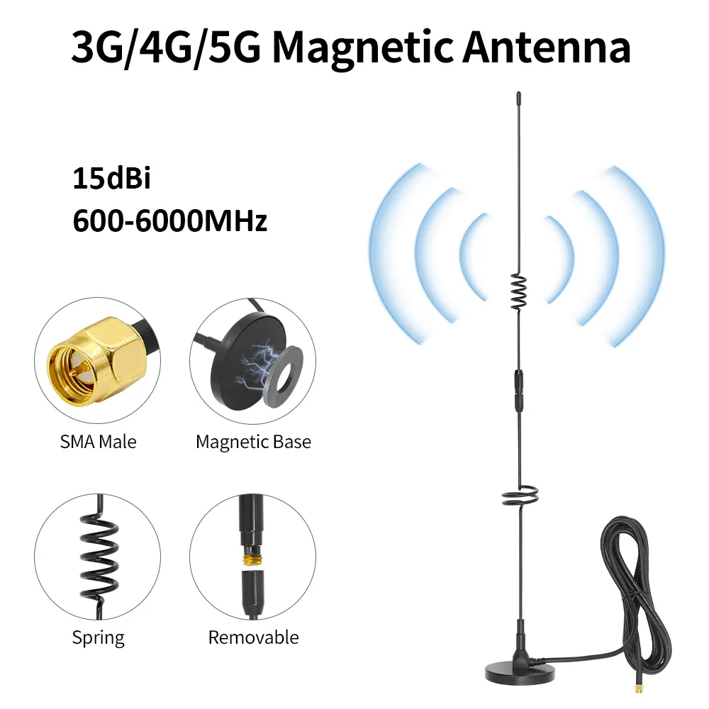 4G LTE 5G Antenna Omni Outdoor Waterproof Magnetic Base 15dBi High Gain 600-6000MHz  Signal Amplifier SMA Male 3M RG174 Cable