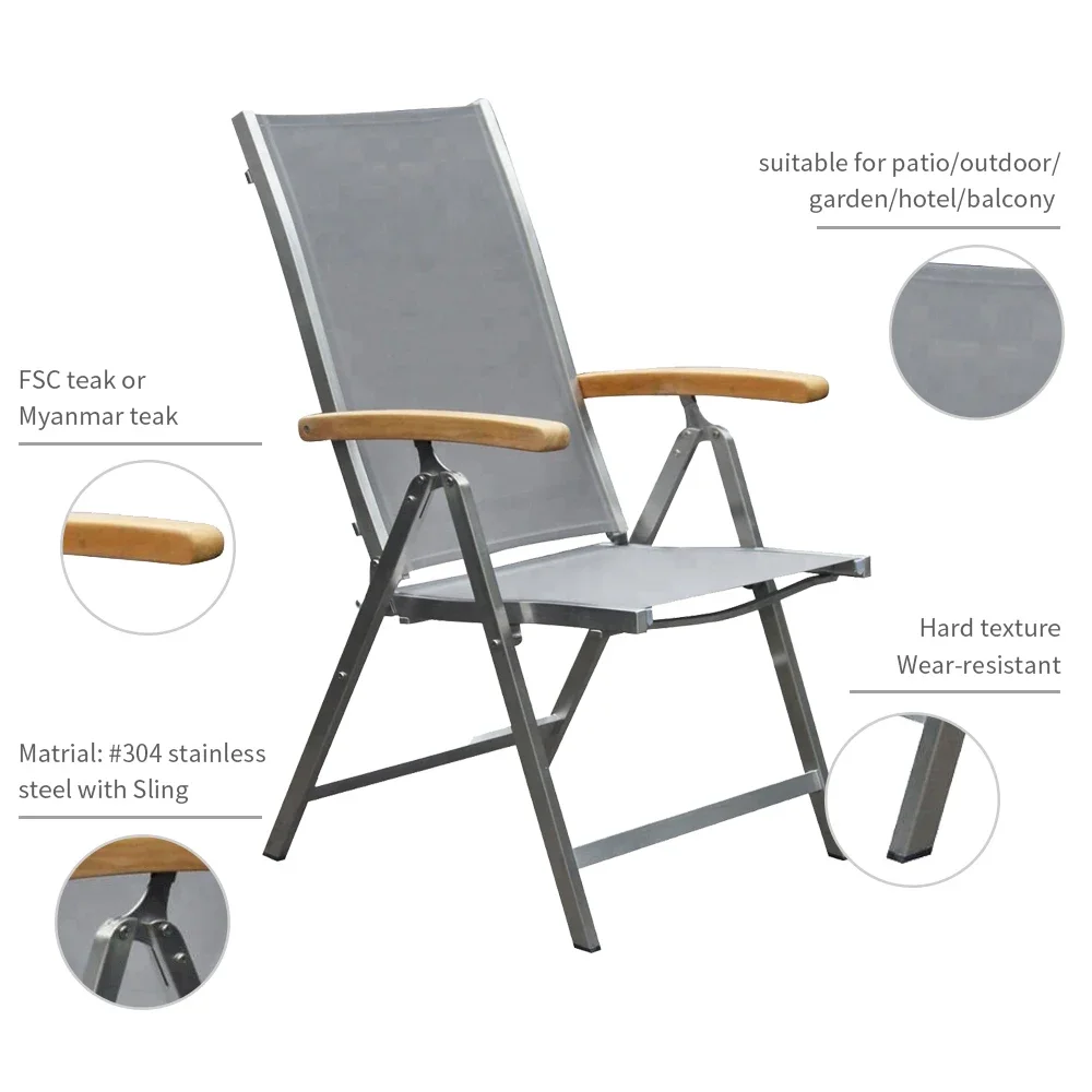 Four position teak armrest stainless steel sling garden folding chair