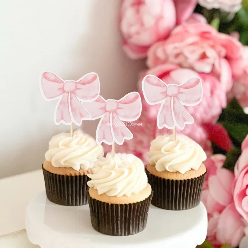 リボンカップケーキトッパー、ピンクリボンコケット誕生日ケーキデコレーション、独身ブライダル婚約結婚式女の子ベビーシャワー 생일초