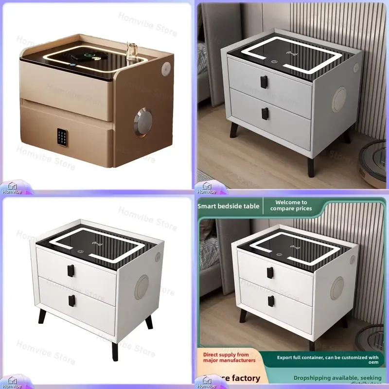 Modern Bedside Table with Wireless Charging Station Night Light 3 Color LED Lamp Bedroom Furniture Nightstand for Small