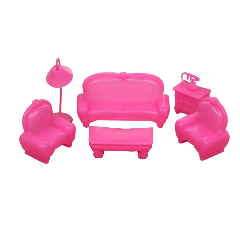 

7-Piece Pink Plastic Dollhouse Furniture Set Sweet Romantic Bedroom Decor for Kids Easy Install Removable Gift for Girls Plastic