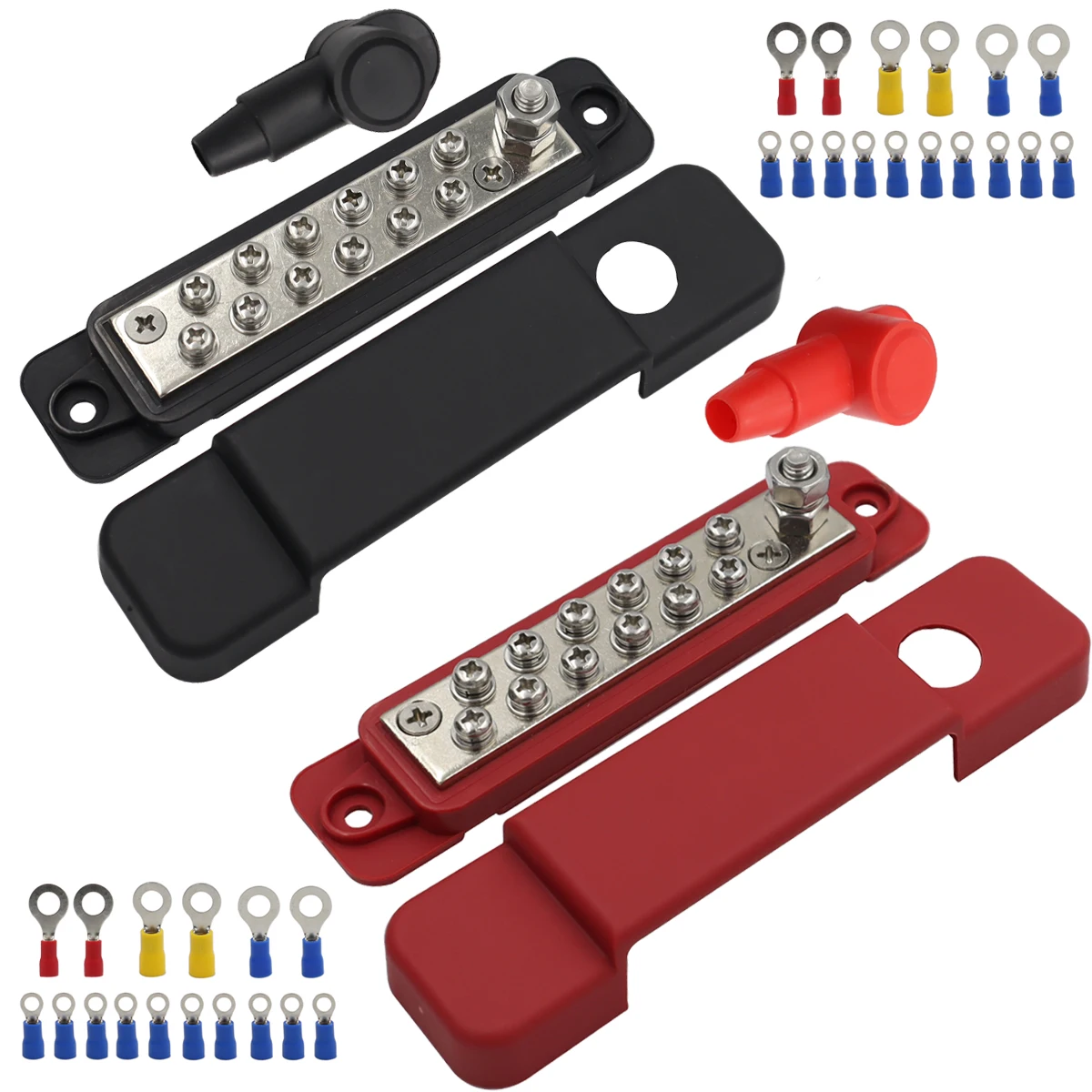 12 Terminal Distribution Block Bus Bar DC 48V 12P Wiring Bars Busbar with Covers + Ring Terminals for Automobiles RV Yacht