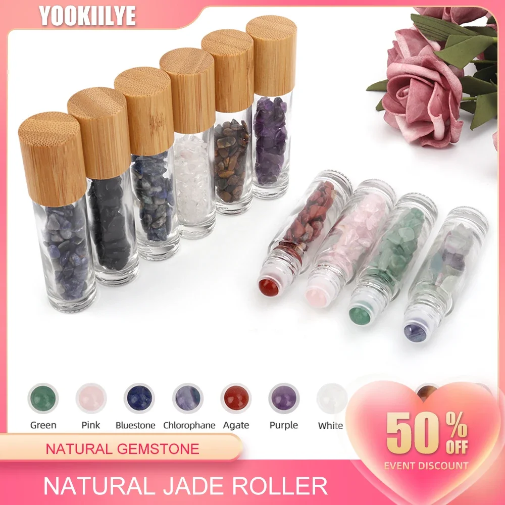 10Pcs/Set 10ml Natural Gemstone Jade Roller Bottle Bamboo Grain Lid Refillable Essential Oil Bottle Empty Bottle with Jade Stone