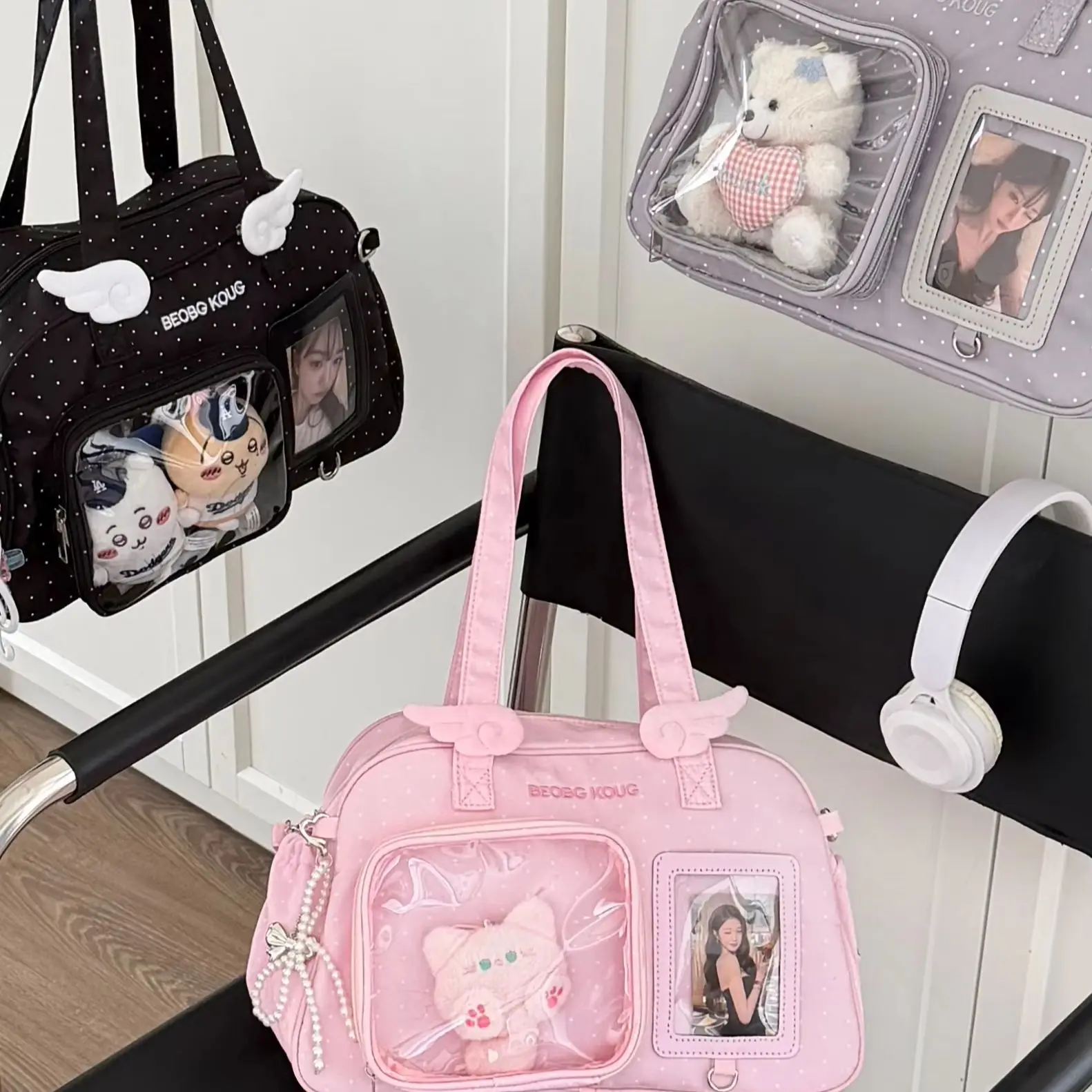 Japanese-Style INS Minimalist Solid-Color Fashion Shoulder Bag, Polka-Dot Wing-Decorated Cute Ita Bag (Shoulder & Crossbody) image 6