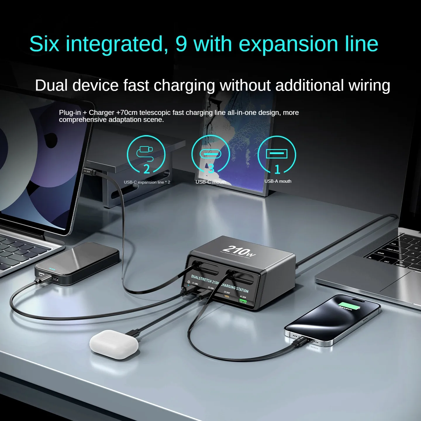 

6-in-1 Charging Station with Retractable Cables 210W - DUALSTRETCH Power Hub for Simultaneous Fast Charging of Multiple Devices