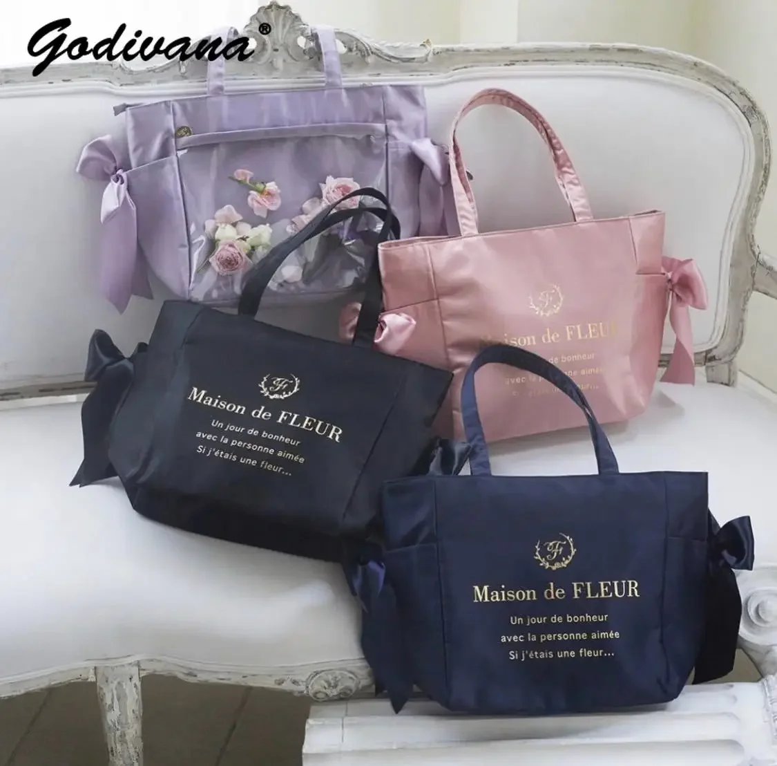 Japanese Style New Pear Flower Cute Bowknot Portable Shoulder Bag Large Capacity Tote Bag Zipper Closure Shopping Bags