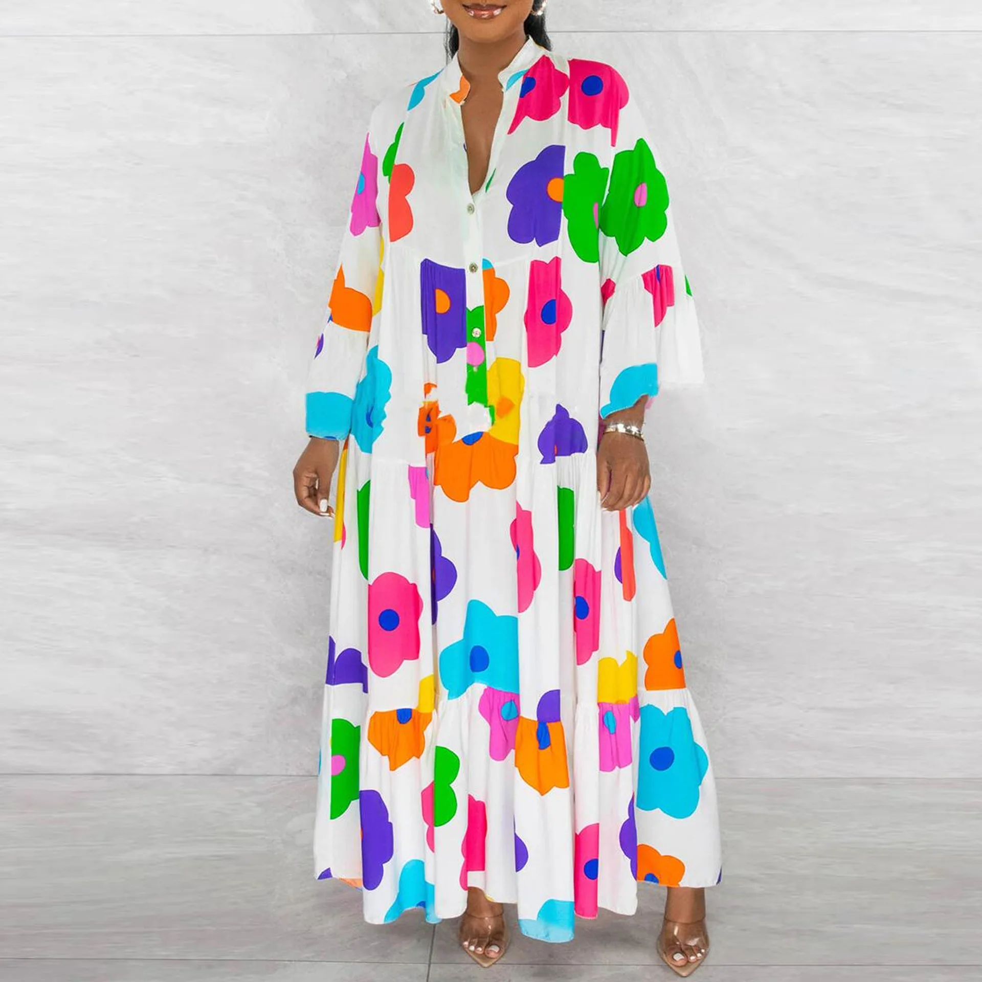 Robes Africaines Élégantes pour Femmes Printemps Automne Femmes Africaines À Manches sulfCol En V Polyester Imprimé Maxi Robe Afrique Vêtements S-3XL