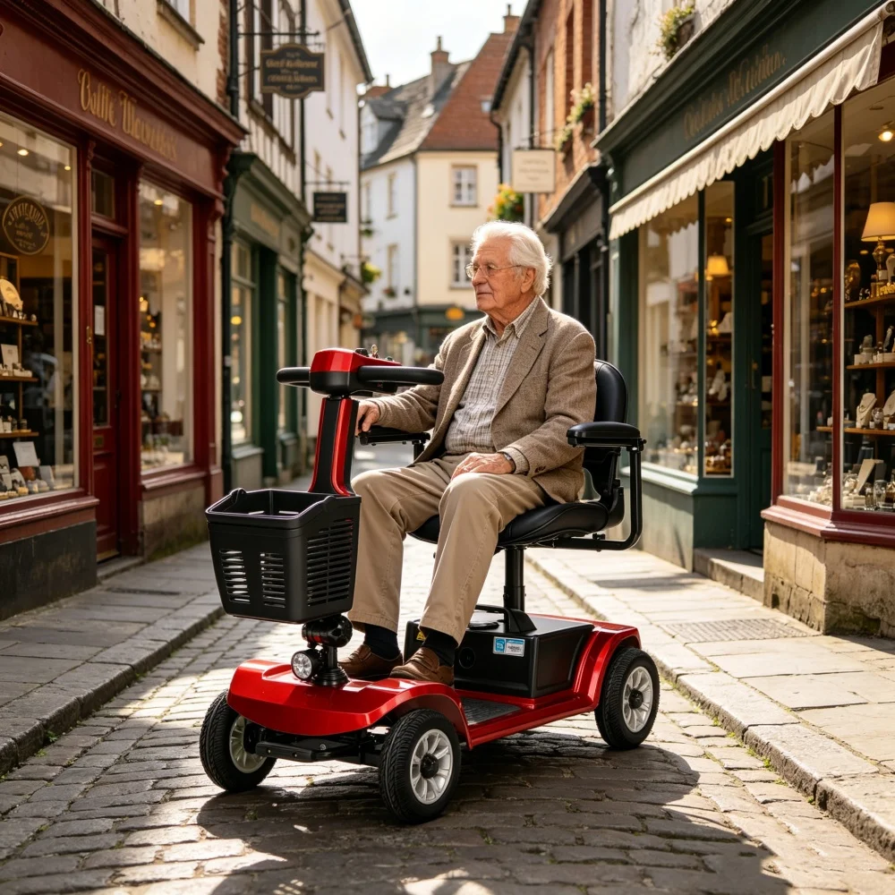 Unificare Red 12Ah Foldable 4 Wheel Mobility Scooter For Adults Seniors 250W Motor 12.43 Miles Range Electromagnetic Brake 360 Swivel Adjustable Seat Solid Tire Heavy Duty Outdoor Travel Scooter