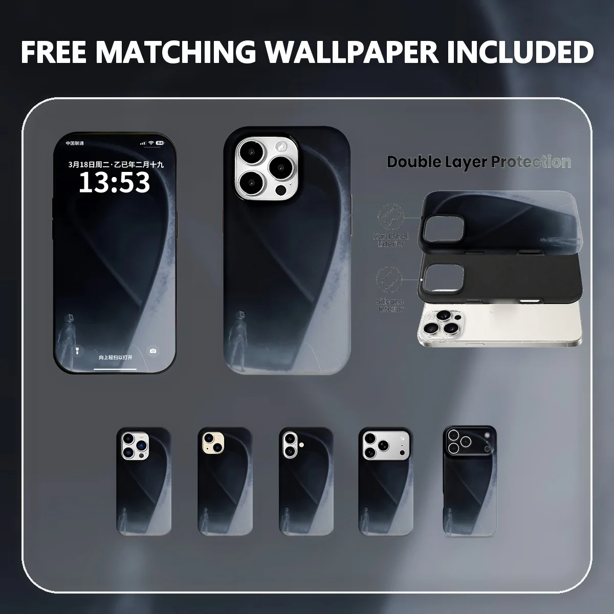 Cabeza Cúbica Figura Sci-Fi Fantasía Oscura Surrealismo Monocromático Funda Híbrida Doble Capa para iPhone 12-17