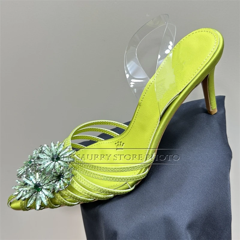 Jeweled Crystal Flower Decor Modern Sandals Women 8cm Thin Heel Multicolor Clear PVC Strap Pointed Toe Summer Mules