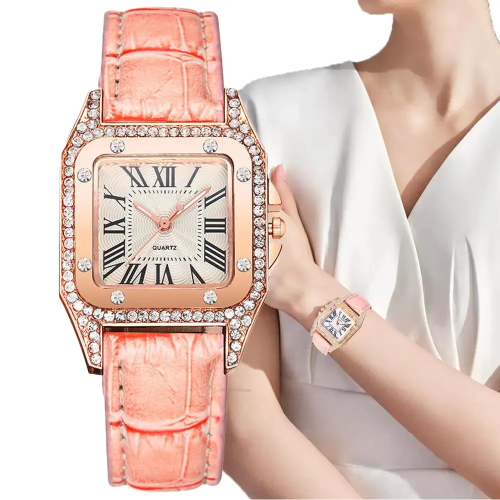 Fashion Brand Square With Diamonds Women Watches Simple Roman numeral Quartz Watch Pink Bamboo Stripe Leather Strap Girls Clock