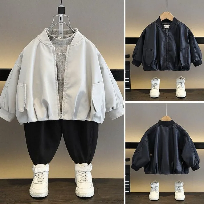 Spring Autumn Boys Leather Jacket Stylish New Fashion Children's Casual Leather Bomber Jacket Trendy And Handsome  Yk129