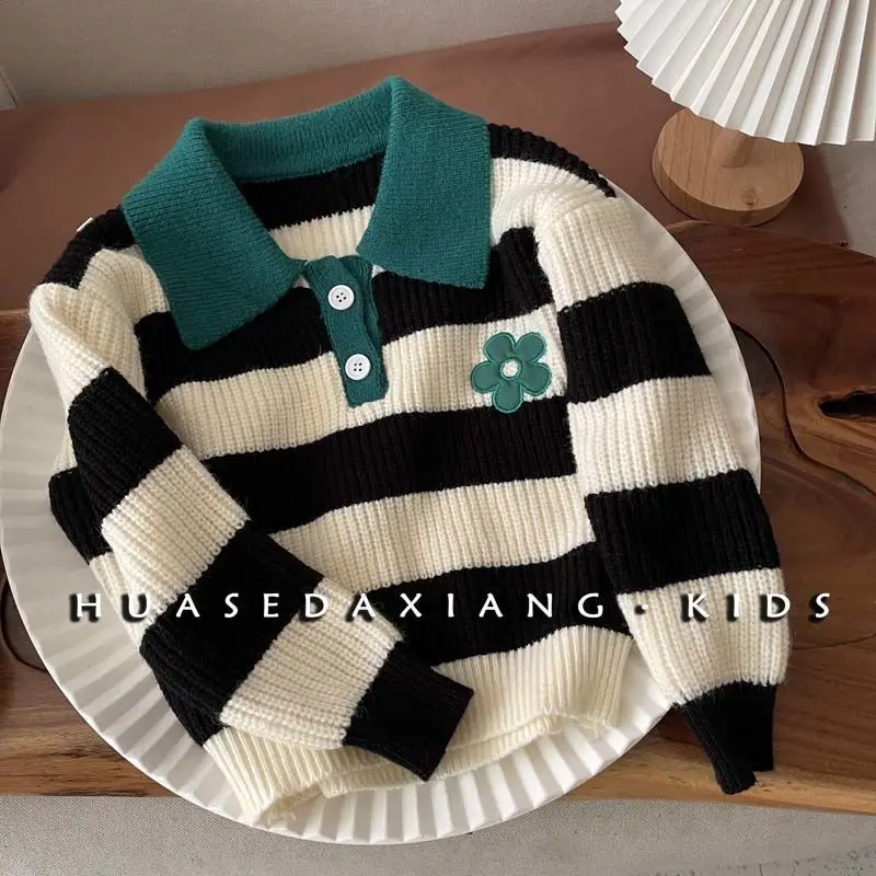 

Children's Clothing 2022 Spring Girl All-Match Knitted Polo Shirt Little Girl Lapel Embroidered Striped Sweater