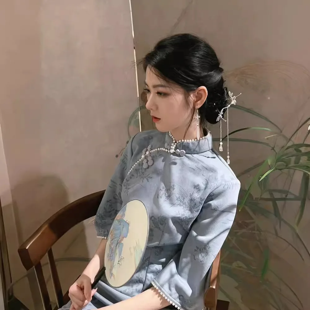 Women New Year Blue Floral Cheongsam 3/4 Sleeve Vintage Chinese Style Dress Show Costumes Female Elegant Improved Long Qipao