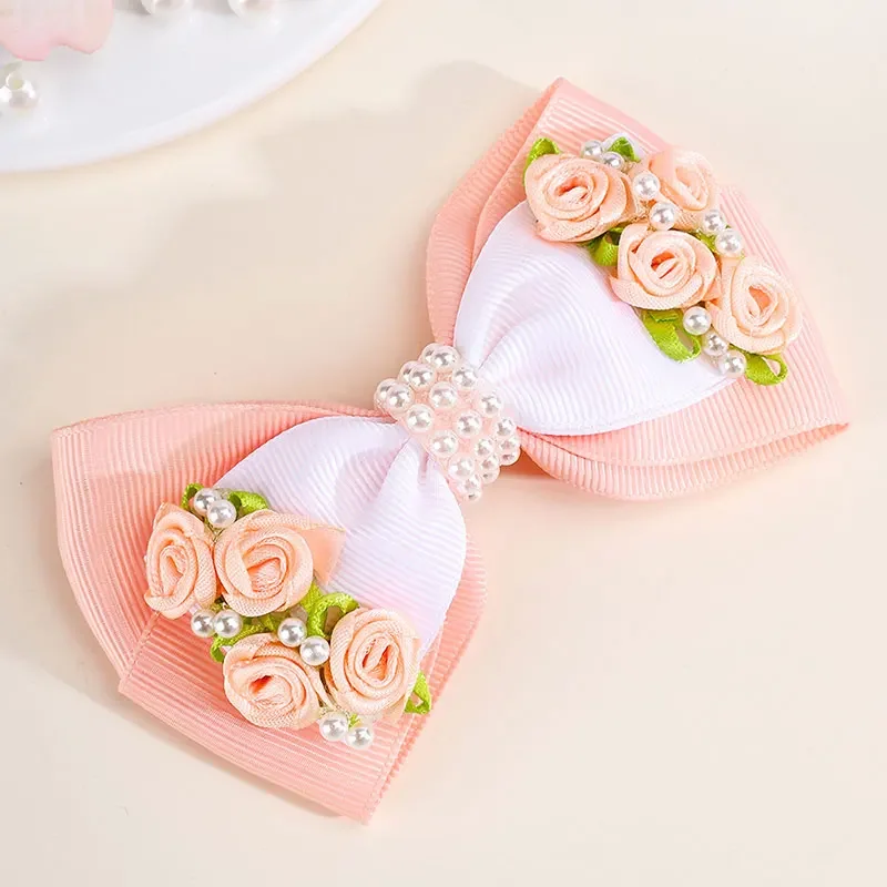 Fashion Girls Pearl Hair Bow Clips Boutique Ribbon Rose Hairpin Barrette Kids Hair Styling Tools Headwear Girls Hair Accessories