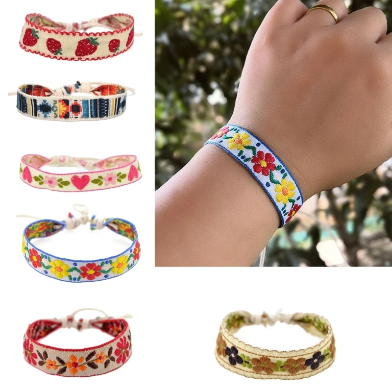 Boho Strawberry Flower Embroidered Bracelet Handmade Braided Bracelet Wristbands Jewelry