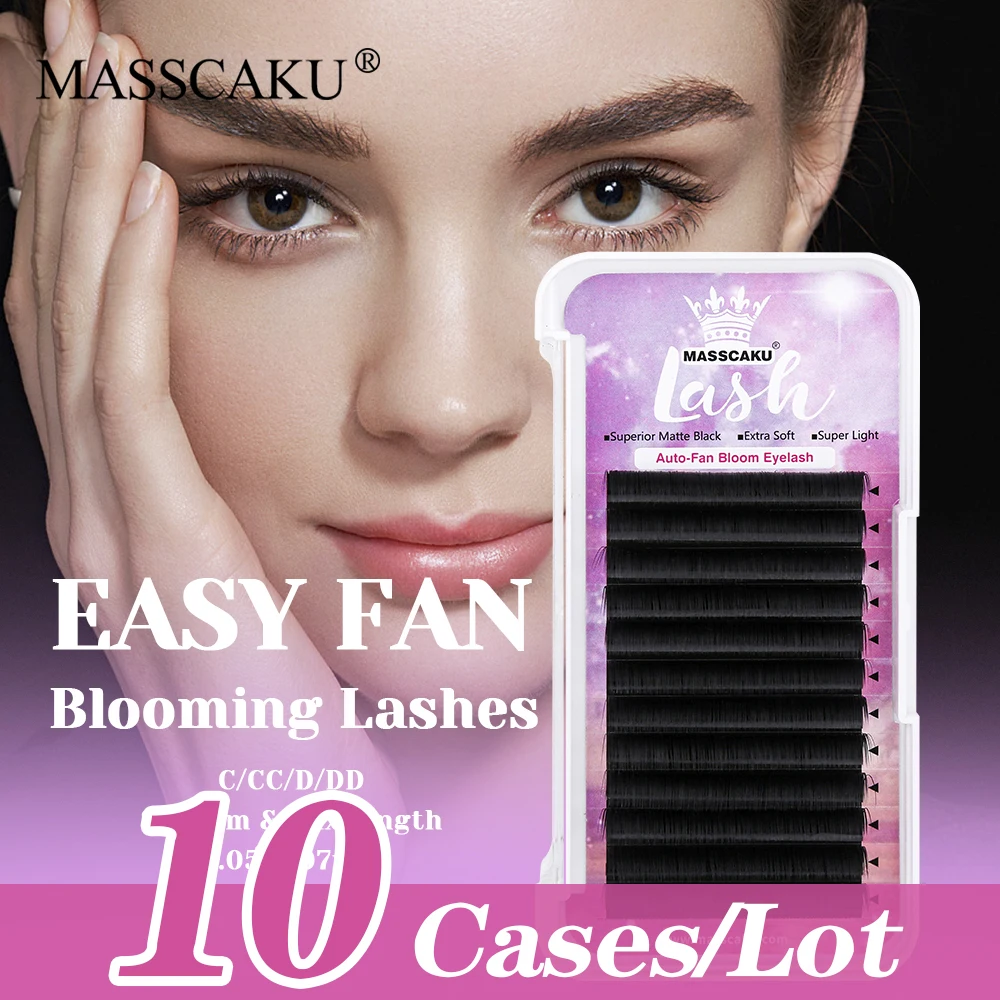 

New Style MASSCAKU 10cases/lot Individual 3D Effect One Second Blooming Lashes 8-17mm and Mix Size Automatic Fanning Lash Trays