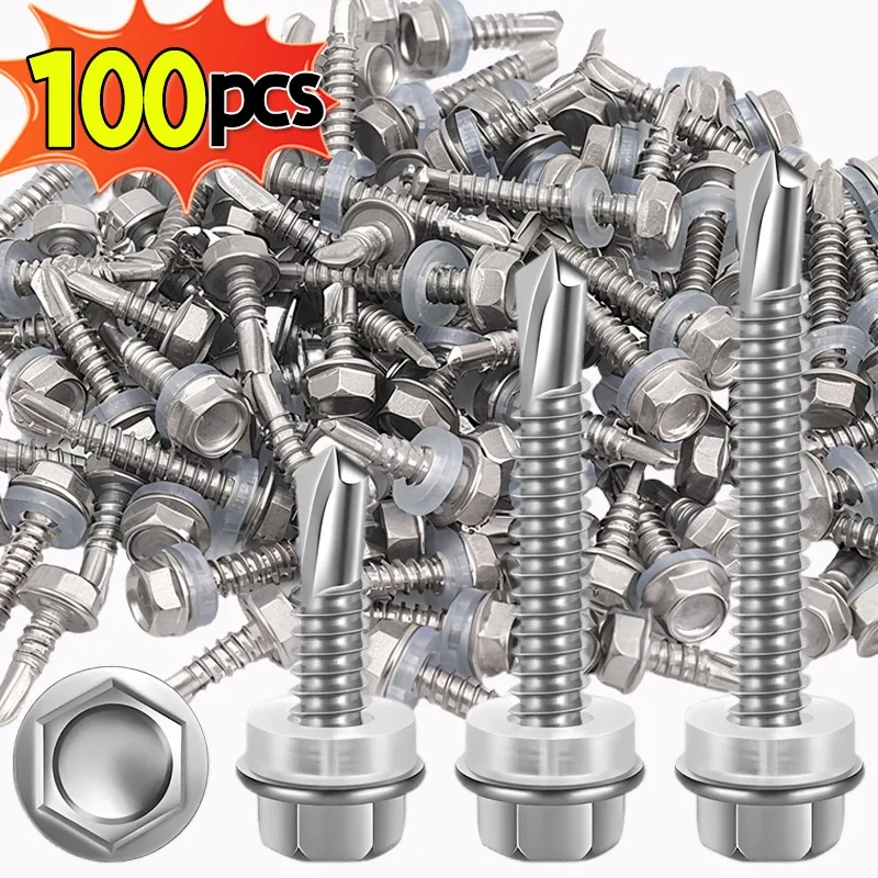

100/20PCS Hex Washer Head Self Drilling Screws Stainless Steel Self-tapping Screw With Sealing Ring Home Hardware Fasteners Kits