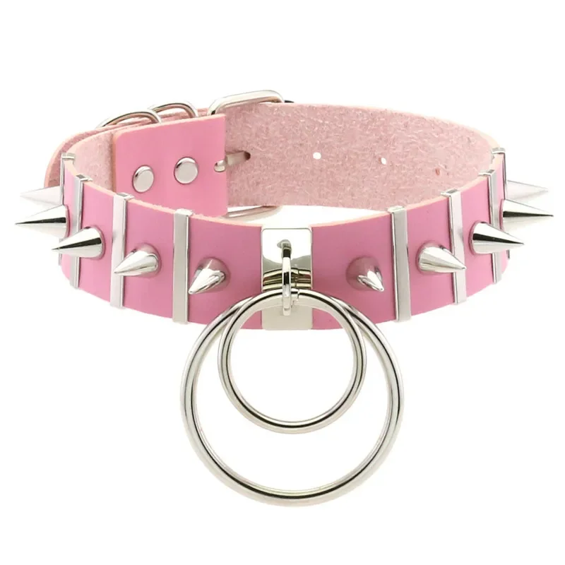 

Pink bondage spike choker neck punk heart round goth collar belt necklace PU leather choker cosplay club party festival jewelry