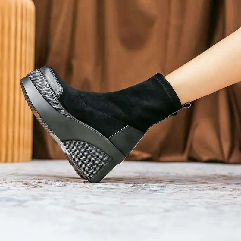 Autumn Boots Women Shoes Woman Botas Fashion Round Toe Ankle Boots Winter Elastic Black Comfortable Botines Chelsea Botas Femme