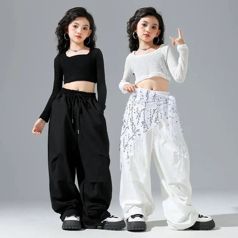 

Kid Hip Hop Clothing White Black Transparent Smock Hoodie Crop Top Casual Parachute Pants for Girl Jazz Dance Costumes Clothes