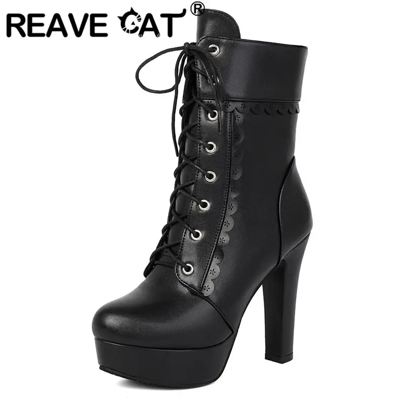 

REAVE CAT Black Women Short Boots Round Toe 11.5cm Chunky Heels 3cm Platform Zipper Lace Up Oversize 45 46 47 Dating Ankle Bota